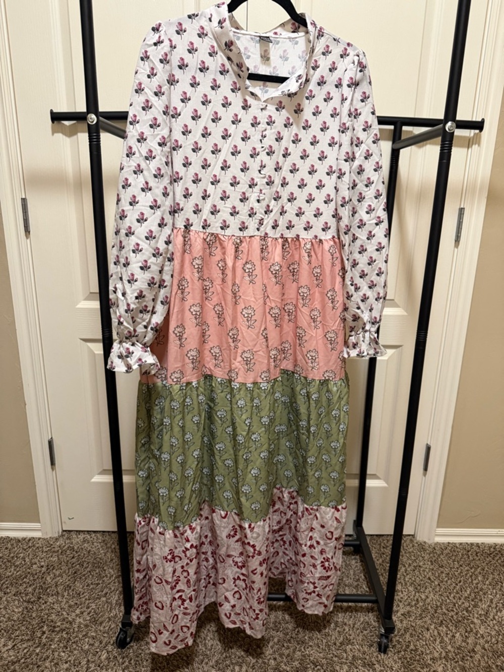 SHEIN White, Pink & Green Tiered Floral Maxi Dress